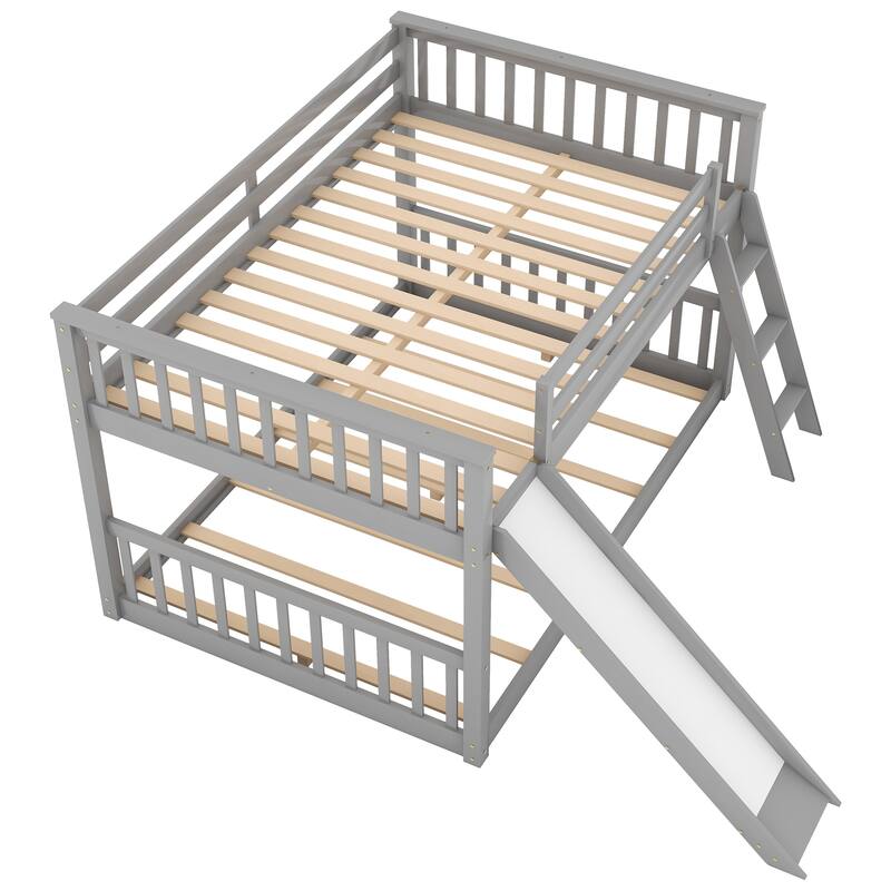 Full Over Full Bunk Bed Floor Bed with Convertible Slide and Ladder, Solid Pine Wood Frame, Built-in Guardrails for Kids Bedroom