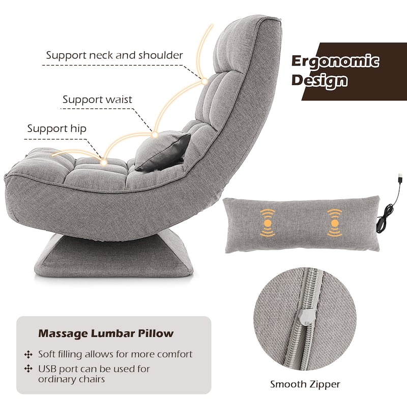 Polyester Swivel Floor Chair with 5-Position Adjustable Recline and Lumbar Pillow