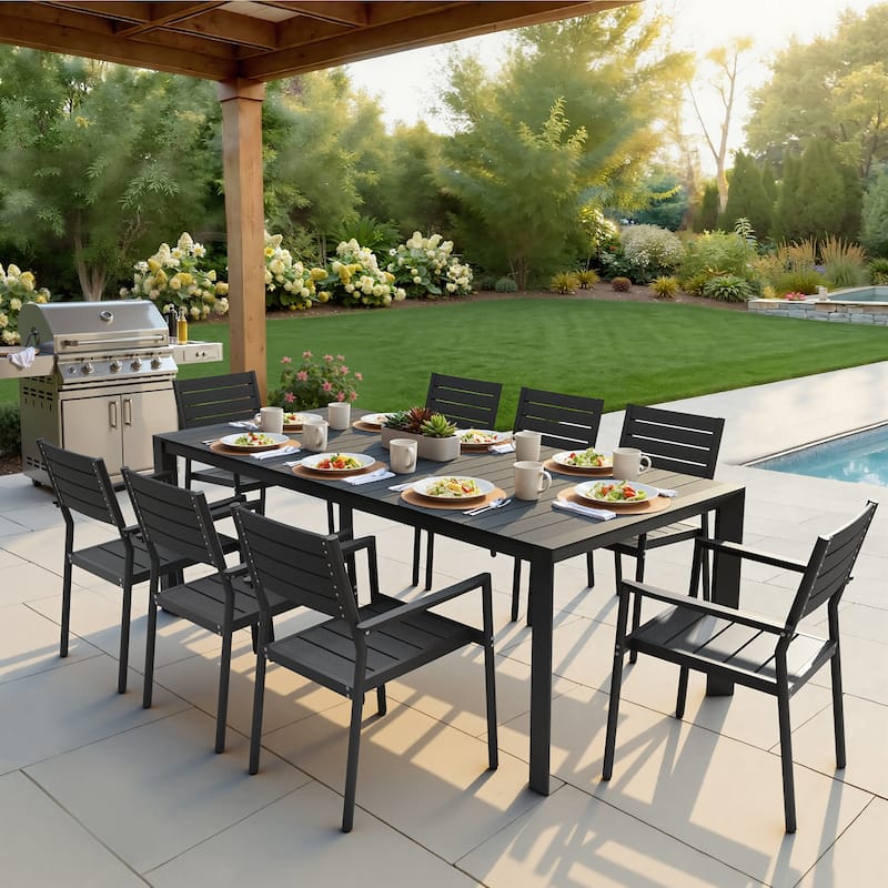 7/9/11-Piece Patio Dining Set Outdoor Aluminum Rectangle Dining Table and Stackable Chairs - Black - Set of 9