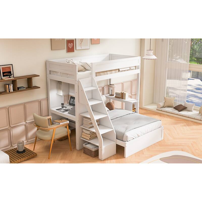 Roomfitters Twin XL Over Full Bunk Bed with Built-In Desk, USB Port and Shelves