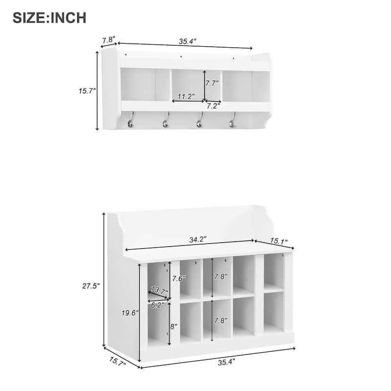 Shoe Storage Bench with Shelves & 4 Hooks - Wall Mounted Hall Tree