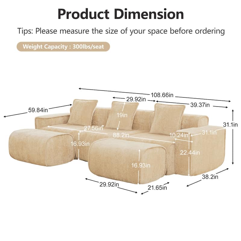 Streamlined Design Modular 3 Seat U Shape Boneless Velvet Fabric Sofa with 2 Movable Ottoman - 8' x 10'