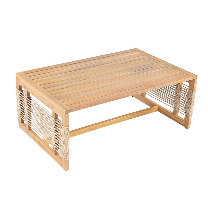 Acacia Wood 3-Seater Outdoor Patio Sofa Set - with 2 Coffee Tables, Teak Look & Beige Cushion for Garden, Poolside