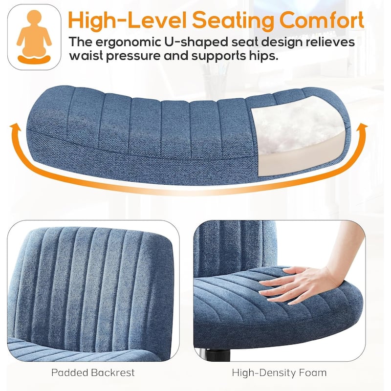 Home Office Desk Chair Criss Cross Legged Office, Wide Comfty Desk, Wheels Armless Computer Task, Swivel Vanity Home Chair
