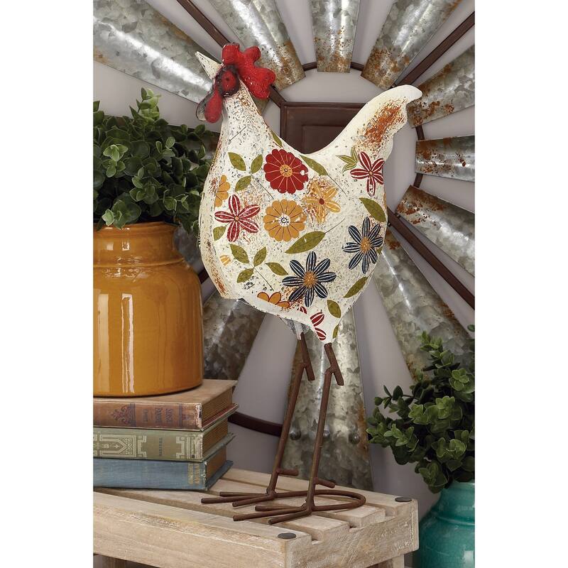 Green or Cream Metal Indoor Outdoor Distressed Standing Rooster Garden Sculpture with U Shaped Feet - Cream