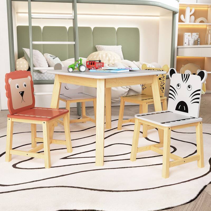 Anmytek 5-Piece Kids Table and Chair Set with Animal Themed Chairs, Solid Wood Children's Furniture for Playroom