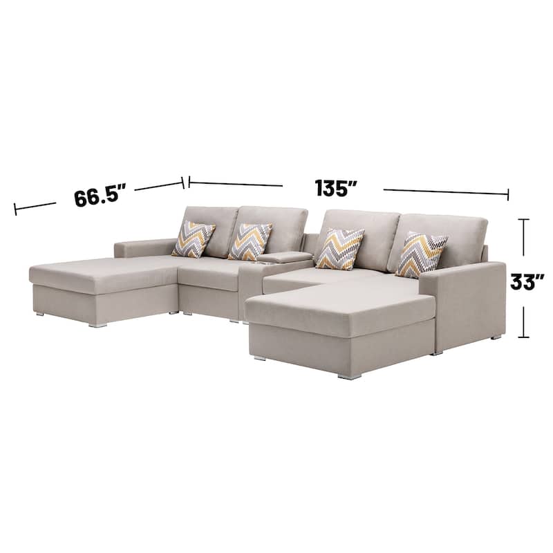 Linen Fabric 5 Piece Double Chaise Sectional Sofa with Storage Console Table and 4 Pillows