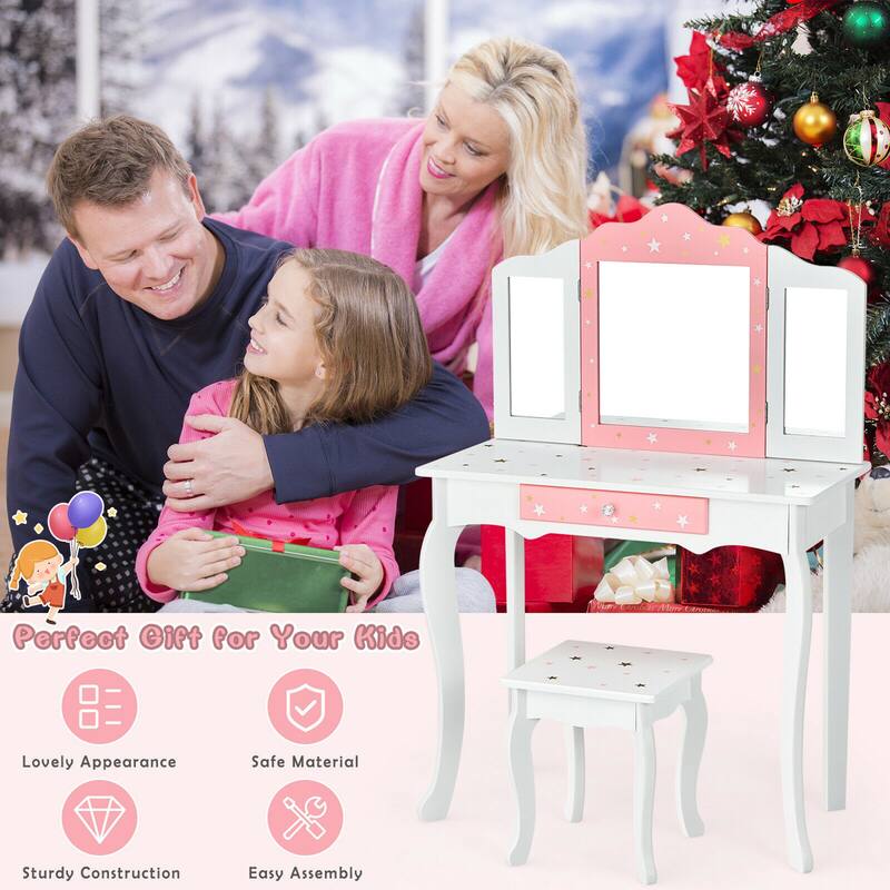 Gymax Kids Vanity Princess Makeup Dressing Table Chair Set W/ - See Details