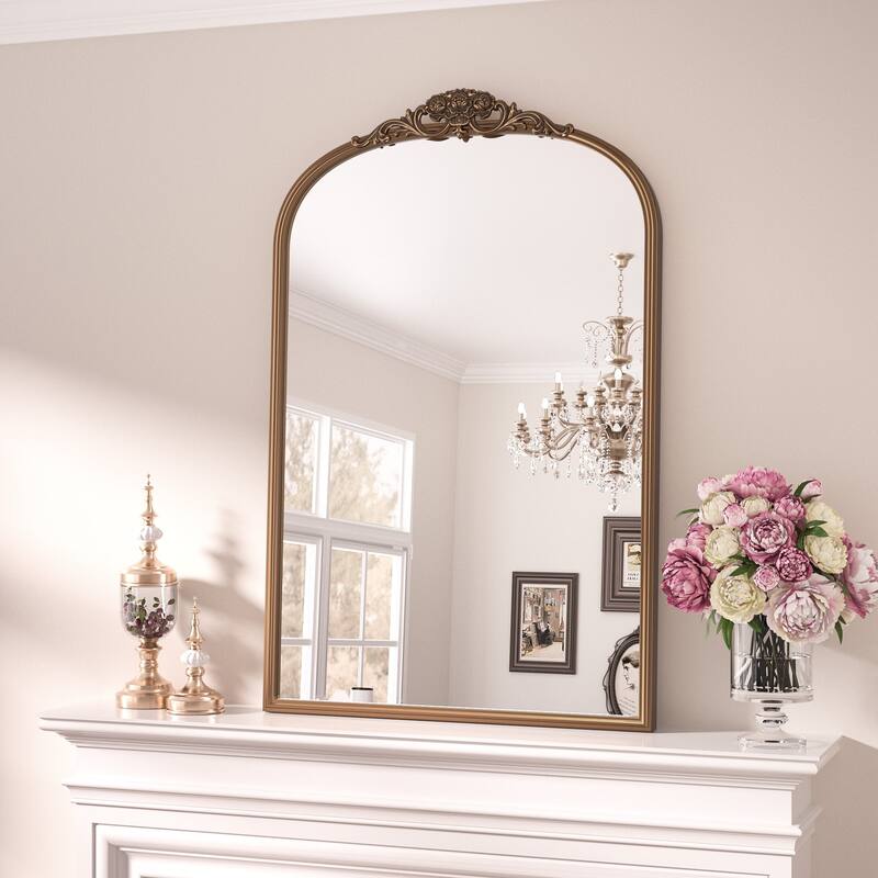 Keonjinn Art Decorative Accent Arched Wall Mirrors, Relief Frame, Antique Black/Gold - 24''x36'' - Antique Gold