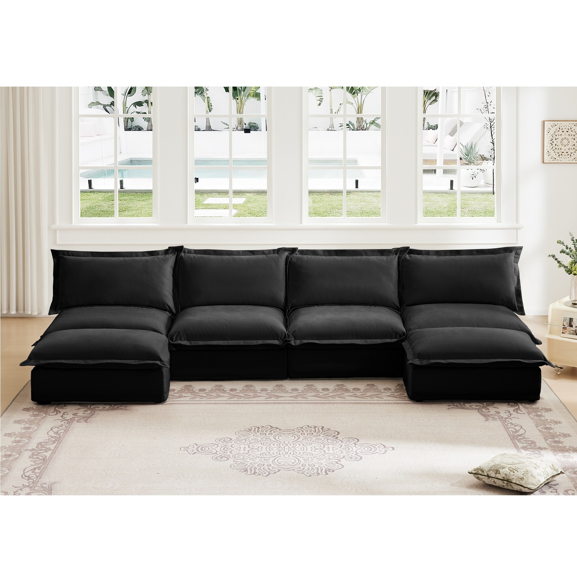 Slipcovered U-Shape 4-Seater Armless Sectional Cocuh with Reversible Ottoman
