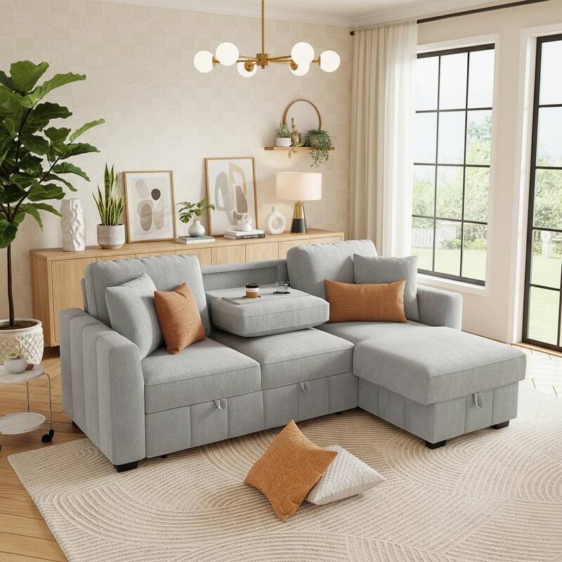 Convertible Sectional Sleeper Sofa with Reversible Storage Chaise & Dual Cup Holders by Harper&Bright Designs - Grey