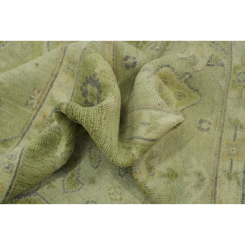 Handmade Green Oushak Vegetable Dye Area Rug, Floral Geometric Carpet - 10' 2'' X 7' 11''