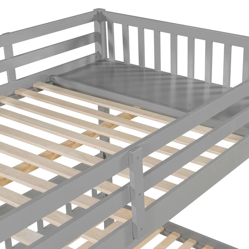 Detachable Triple Bunk Bed Convertible 3 Platform Beds, Wood Full Over Twin & Twin Bunk Bed Frame with Drawers and Guardrails