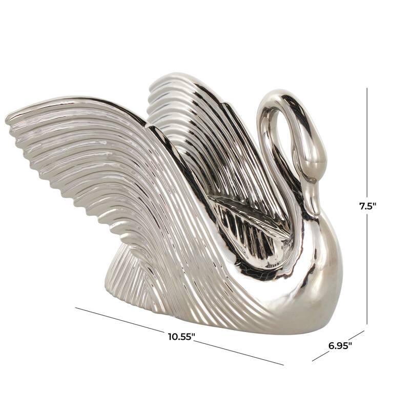Silver or White Ceramic Swan Sculpture with Textured Grooves