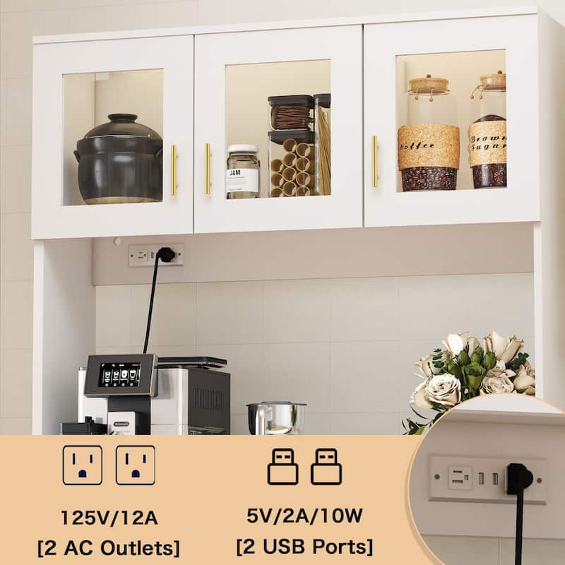 71'' Kitchen Pantry Cabinet with Hutch, Drawer & LED Light, Microwave Stand with Power Outlet for Dining Room or Kitchen
