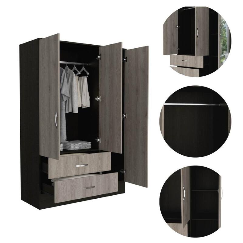 47.2" Modern Mirrored Armoire with Hanging Rod, Five Interior Shelves and Two Drawers
