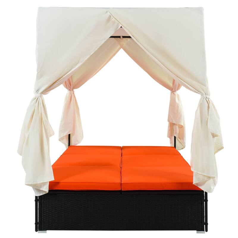 Outdoor Rattan Canopy Daybed Sunbed with Curtain & Adjustable Seat