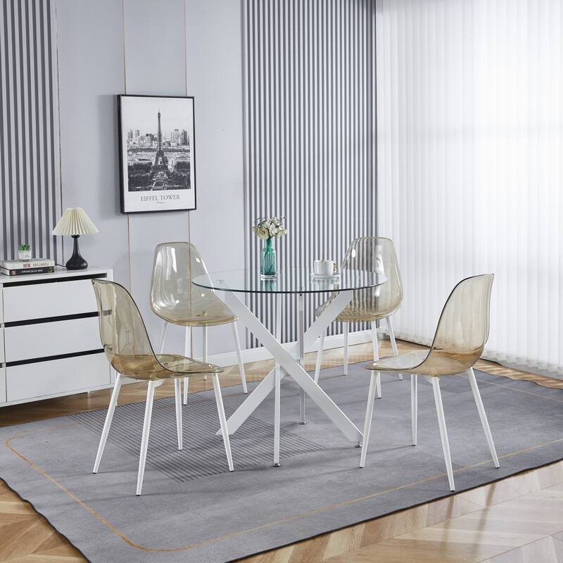 Modern Round Glass Dining Table for 2 to 4 Person, Circle Kitchen Table with Tempered Glass Top and Cross Metal Legs