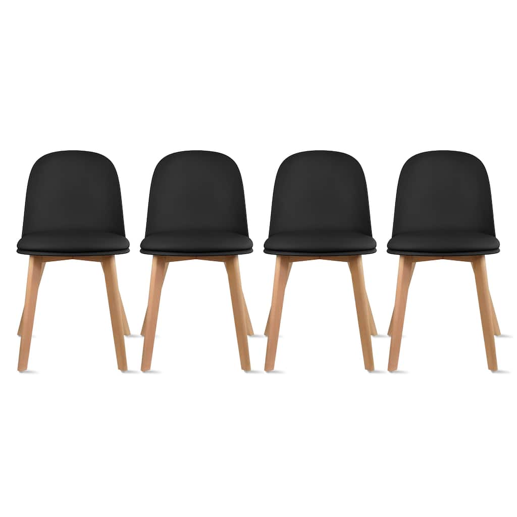 Set of 4 Plastic Dining Chairs Padded Cushion Faux Leather Wooden Legs For Kitchen Waiting Room Outdoor Party
