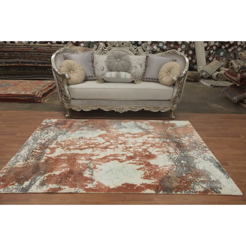 Hand-knotted Modern Silk Beige Abstract Oriental Area Rug - 7' 2'' X 5' 4''