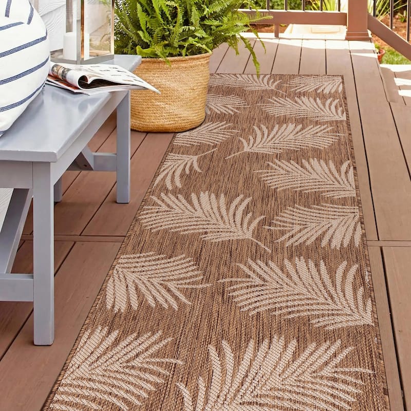 World Rug Gallery Contemporary Palm Leaves Textured Flat Weave Indoor/Outdoor Area Rug - 2'x7' Runner - Brown