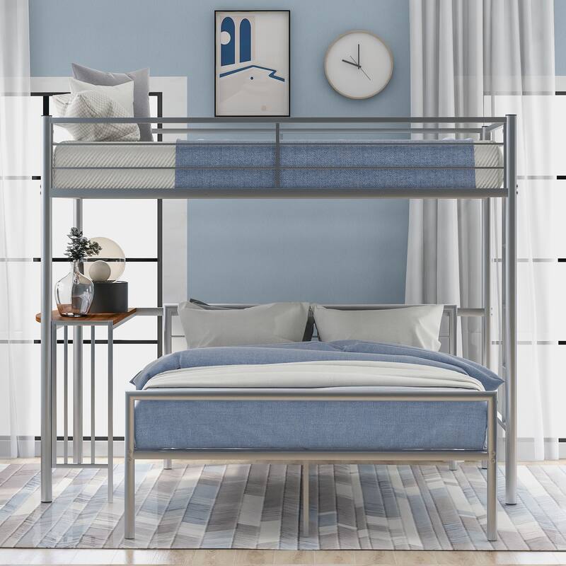 Twin Over Full Metal Bunk Bed with Desk, Ladder and Quality Slats