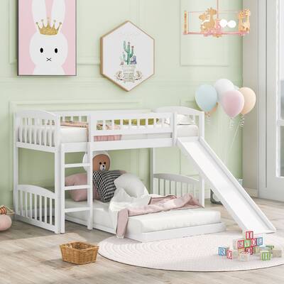Twin Over Twin Bunk Bed With Slide And Ladder,White