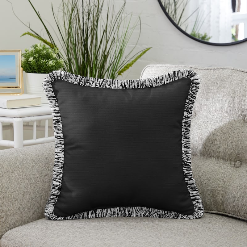 Sunbrella Canvas Black Indoor/ Outdoor Square Pillow with Fringe - 18 in L x 18 in W