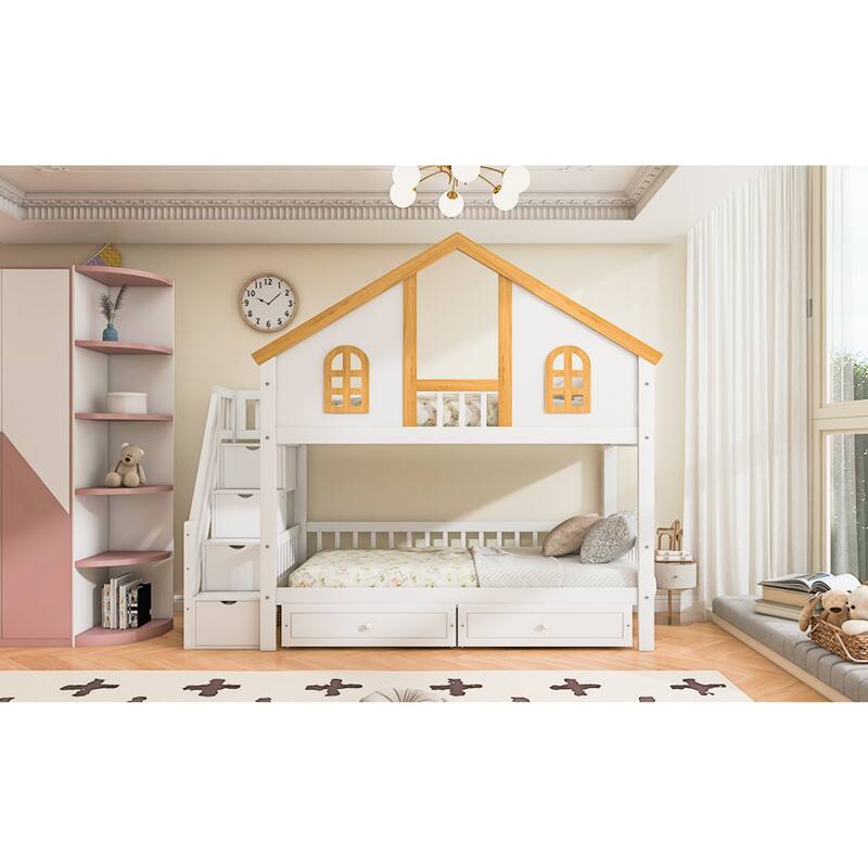 Roomfitters Twin Over Twin/Full Over Full House Bunk Bed with Window, Roof and Storage Staircase, White and Natural