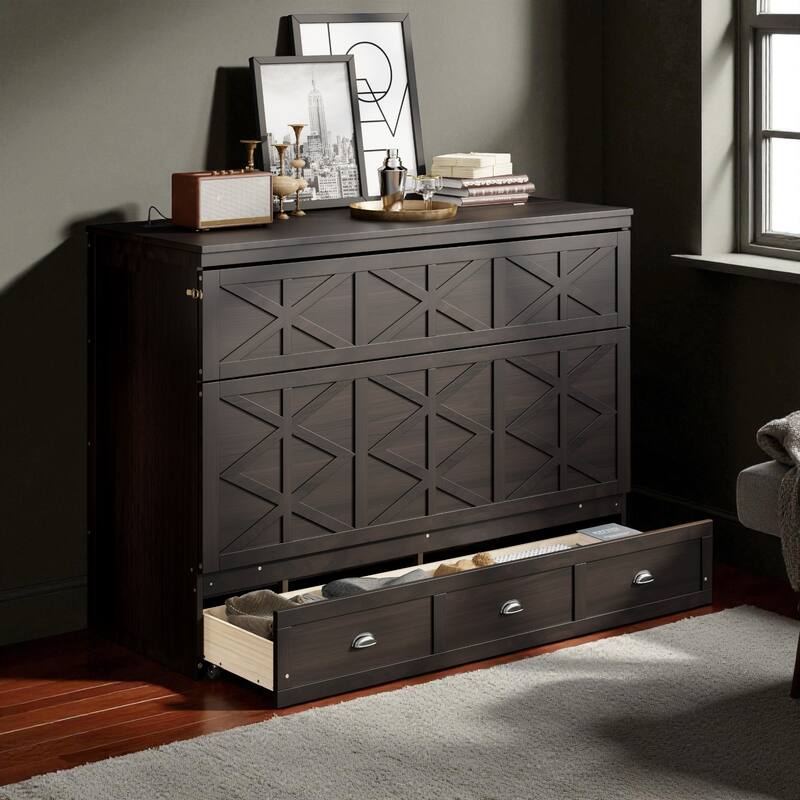 Queen Size Murphy Bed with USB Ports and Large Storage Drawers, Space-Saving Wall Bed Cabinet, Modern Brushed Finish