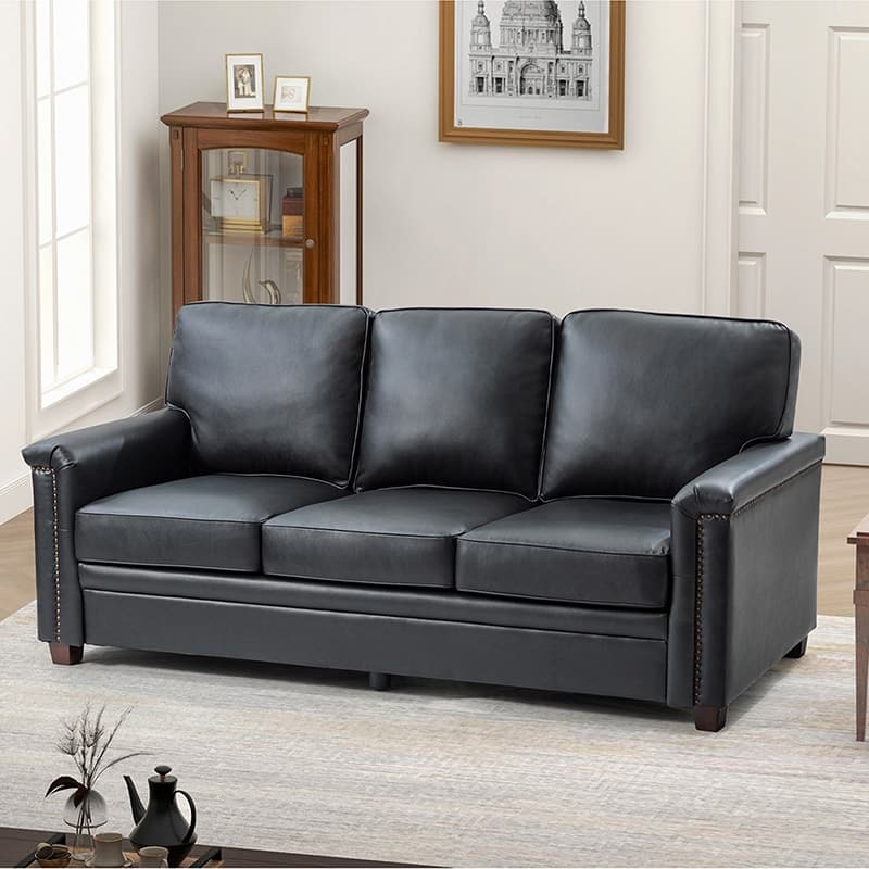Rita Transitional Living Room 3-Seat Genuine Leather Nailhead Sofa with Solid Wood Legs and Removable Cushions