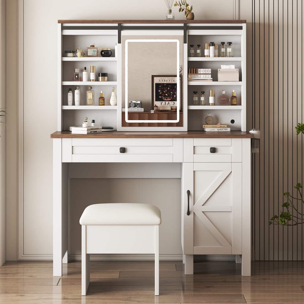Farmhouse Makeup Vanity Desk with Sliding Mirror and Lights and Hairdryer holder and charging socket