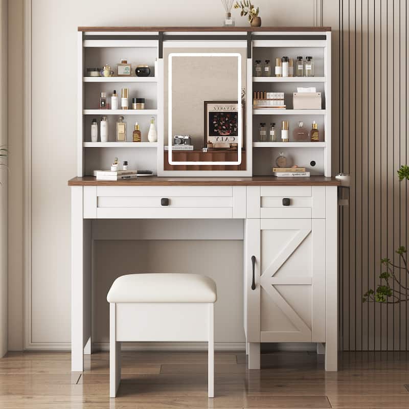 Farmhouse Makeup Vanity Desk with Sliding Mirror and Lights and Hairdryer holder and charging socket