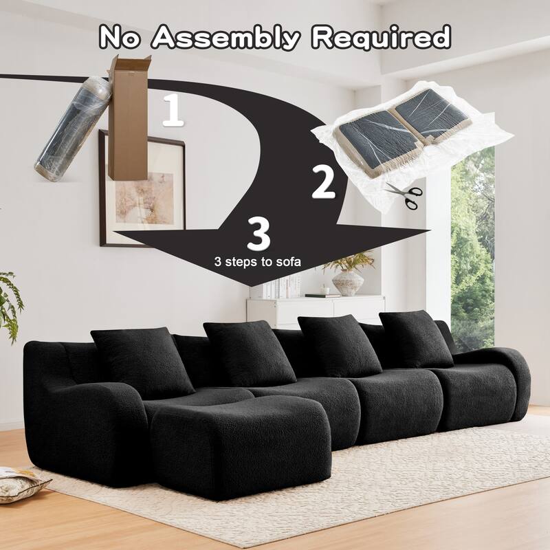 Anmytek Modern Plush L-Shaped 4-Seat Chaise Boneless Sofa - Teddy Fabric, 32D High Density Sponge, No Assembly