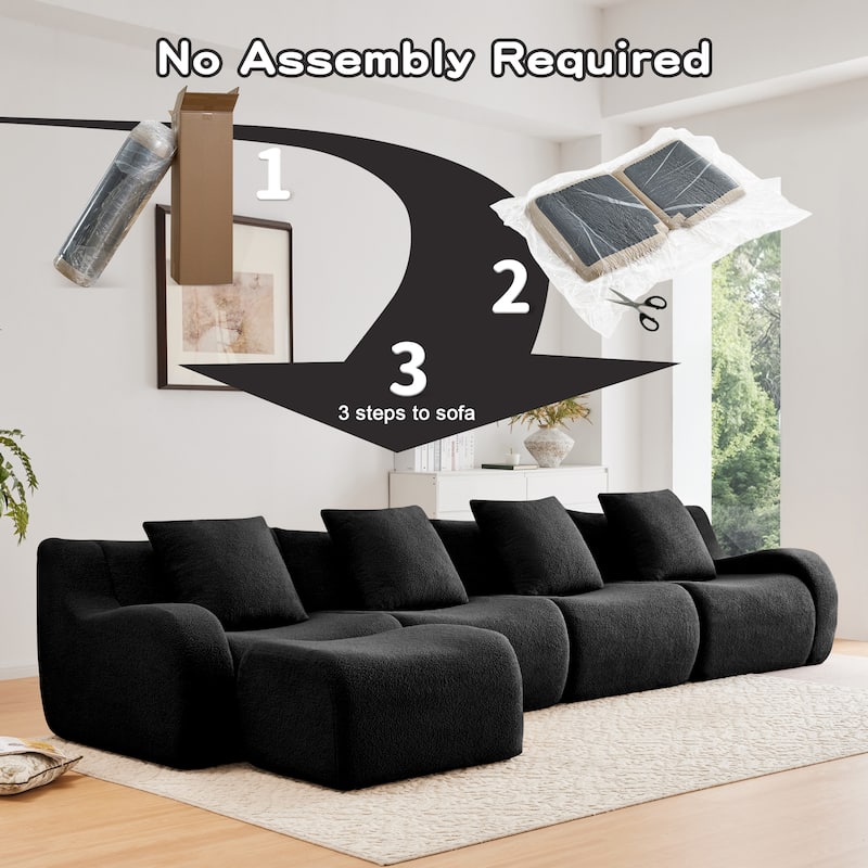 Oversized Sectional Sofa with Ottoman for Living Room, 118" Modern Floor Teddy Fabric Sofa L-Shape Couch with 4 Throw Pillows
