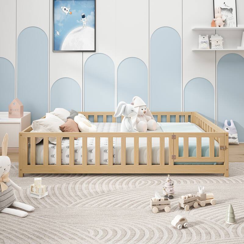 GDFStudio - Harper Full-Size Montessori Floor Bed with Storage Headboard and Blackboard