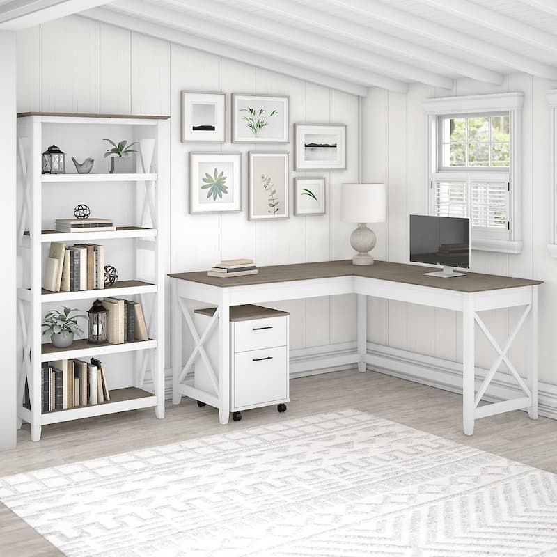 Key West 60W L Desk with File Cabinet and Bookcase by Bush Furniture