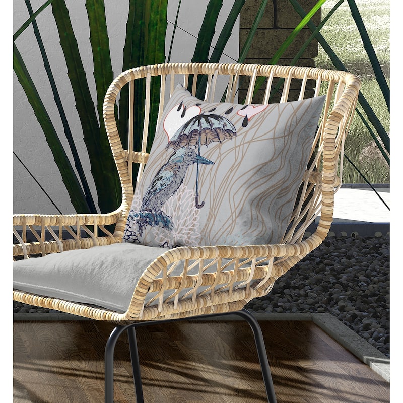 Bird with Umbrella Indoor/Outdoor Reversible Throw Pillow Silver and Brown