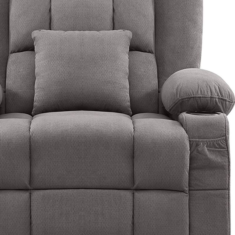 HomeRoots 38" Gray Tufted Polyester Blend Heated Massage Swivel Rocker Recliner With USB