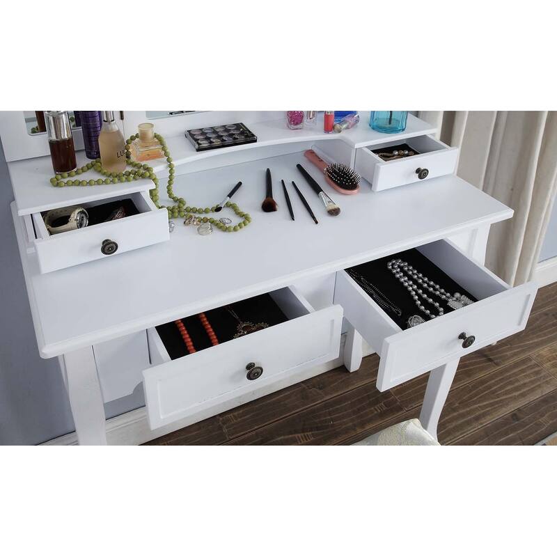Sanlo Vanity Makeup Set,Includes Stool,Wooden 31.5Inch Vanity Table with 3 Panel Beveled Mirror and 4 Drawers
