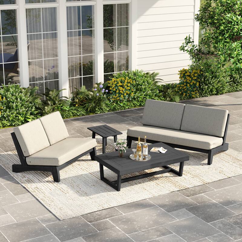 Casual Teak Outdoor Patio Conversation Set with Cushioned Sofa Loveaseat