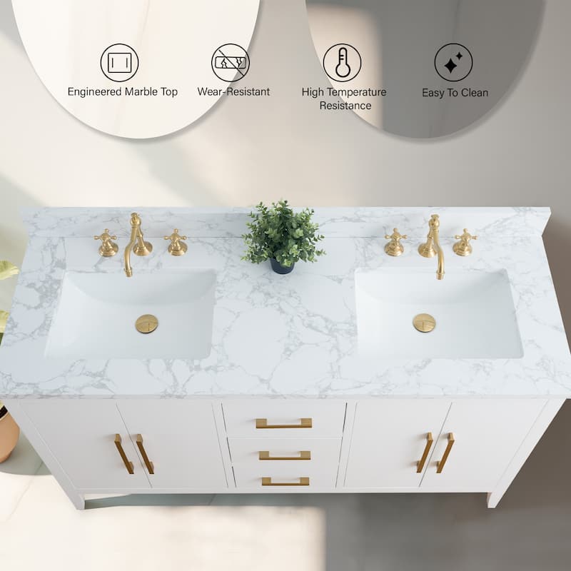 Vanity Art 60" Double Sink Bathroom Vanity Cabinet with Engineered Marble Top