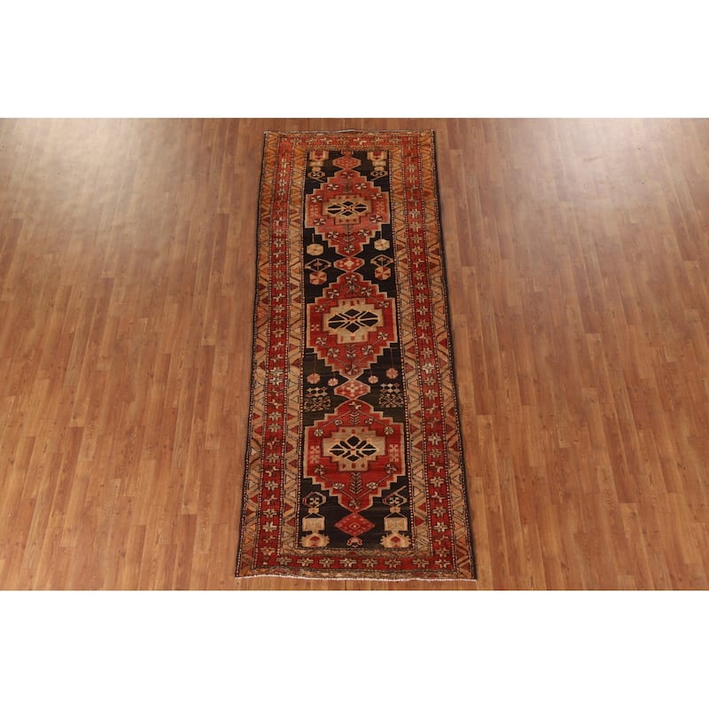 Geometric Ardebil Persian Vintage Runner Rug Handmade Wool Carpet - 3'10"x 10'0"