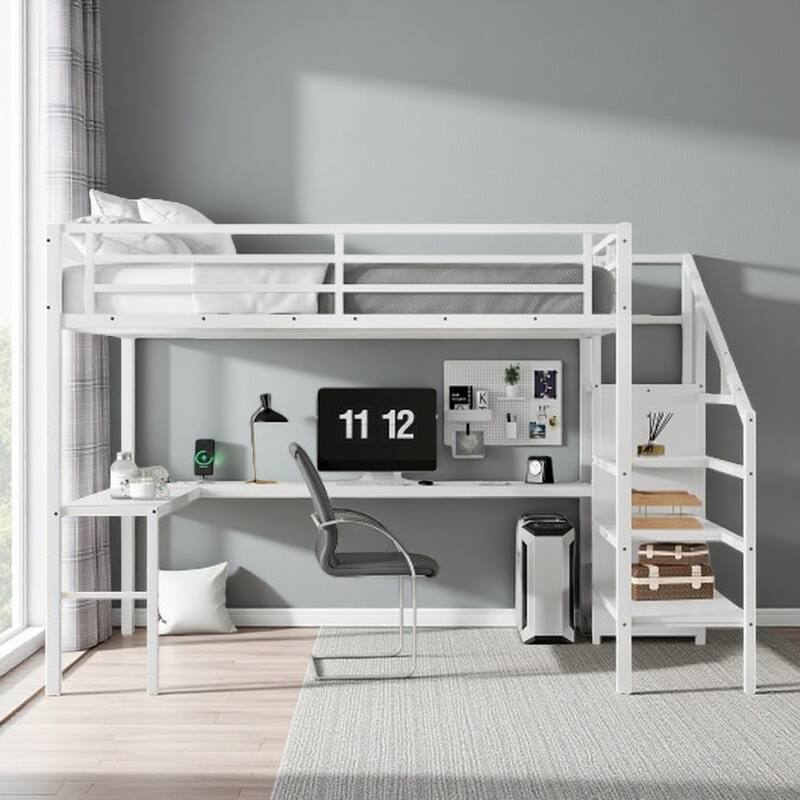 Multi-Functional Loft Bed with Closet, USB Ports, Shelves & Desk, with Storage Stairs - Queen Off White - Queen