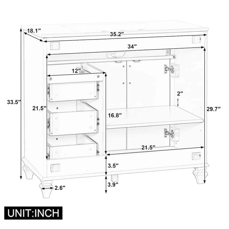 36-Inch Solid Wood Bathroom Vanity with Ceramic Sink, Flip Drawer, 3 Drawers and 2 Doors, Freestanding MDF Cabinet