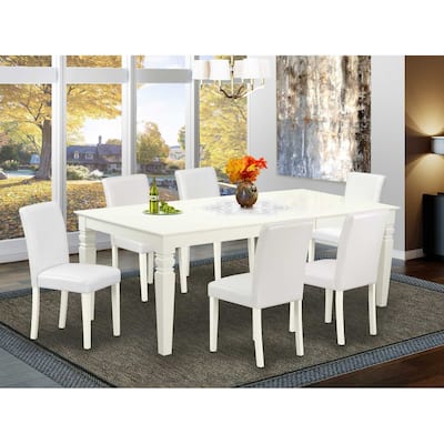 Rustic Kitchen Table Set 7Pc Rectangle Dining Table w/ Chairs Linen White Legs