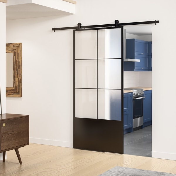 Shop Broadway Black Frame Kit Frosted Glass 37 Inch Barn Door Overstock 28572530