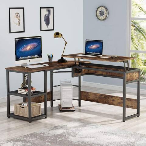 L Shaped Desk with Lift Top, Rustic Height Adjustable Standing Desk Workstation for Home Office