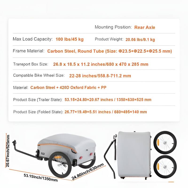 Grey Steel Bike Cargo Trailer, 100lb Load, Foldable and Rain Cover - 53.15” L x 24.80” W x 20.67” H