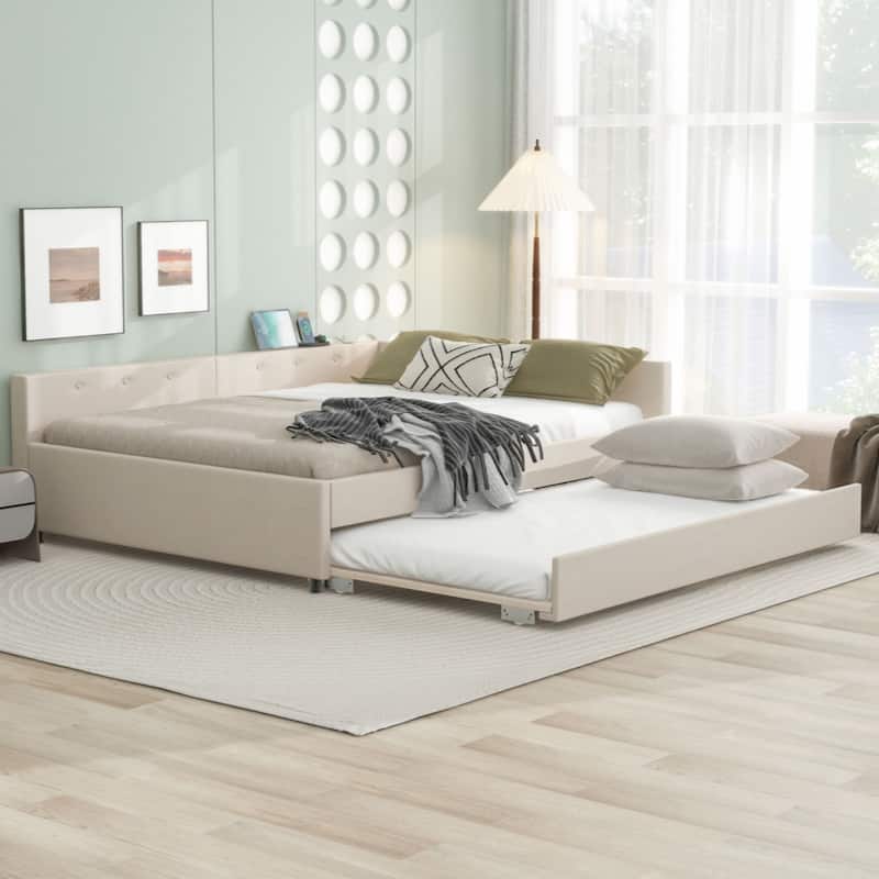 Queen Size Upholstered Platform Bed with USB and Twin Size Trundle, Beige - Beige
